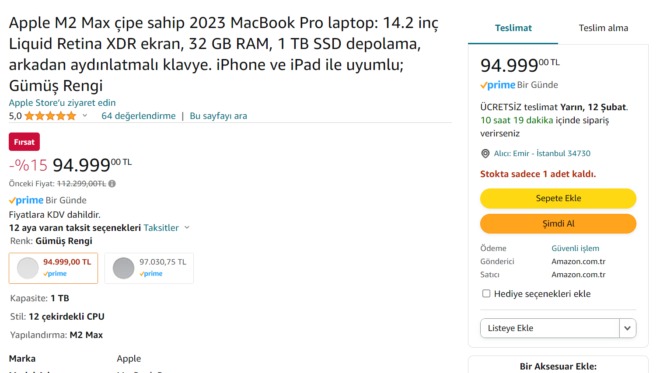 MacBook Pro (M2 Max) için tam 17.300 TL&#8217;lik indirim fırsatı 1.Resim