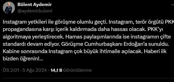 Bülent Aydemir&#8217;den Instagram açıklaması: Erişime açılacağı saati açıkladı 1.Resim