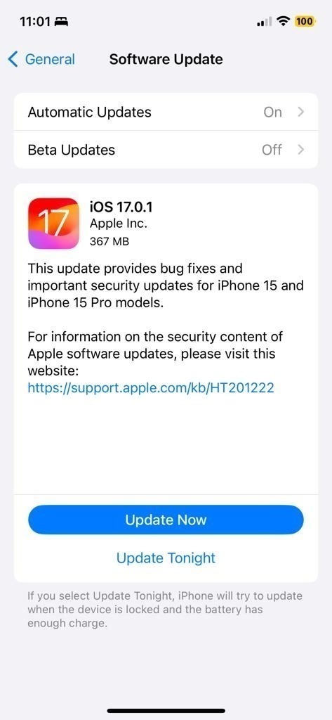 iOS 17.0.1 Update screenshot